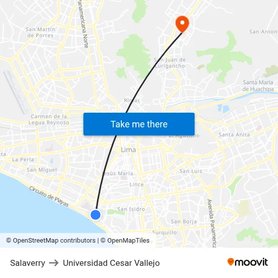 Salaverry to Universidad Cesar Vallejo map