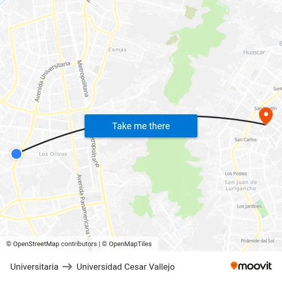 Universitaria to Universidad Cesar Vallejo map