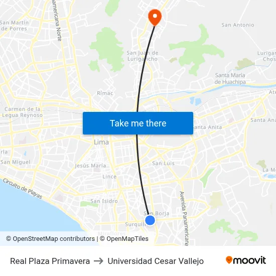 Real Plaza Primavera to Universidad Cesar Vallejo map