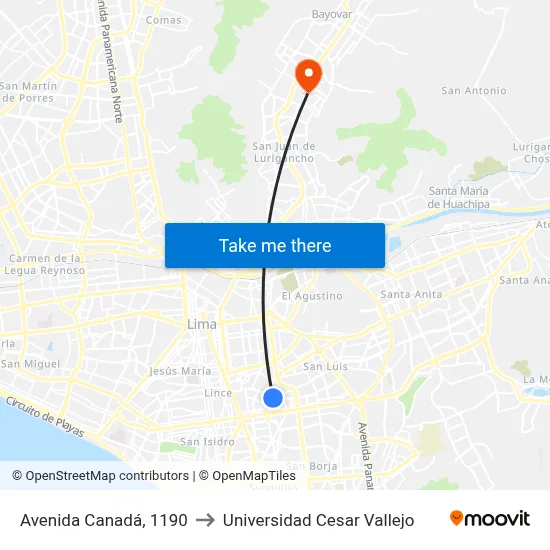 Avenida Canadá, 1190 to Universidad Cesar Vallejo map