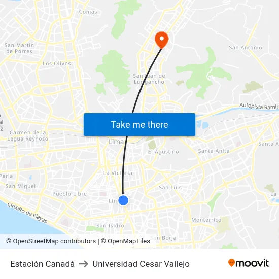 Estación Canadá to Universidad Cesar Vallejo map