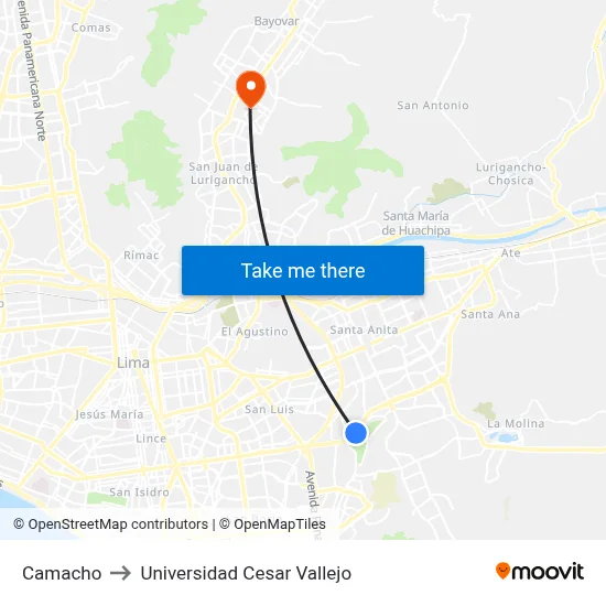 Camacho to Universidad Cesar Vallejo map