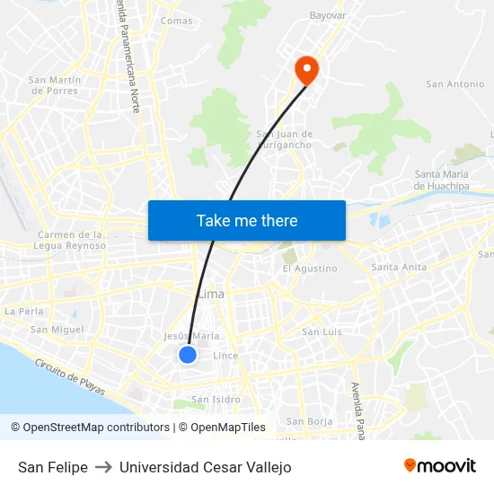 San Felipe to Universidad Cesar Vallejo map