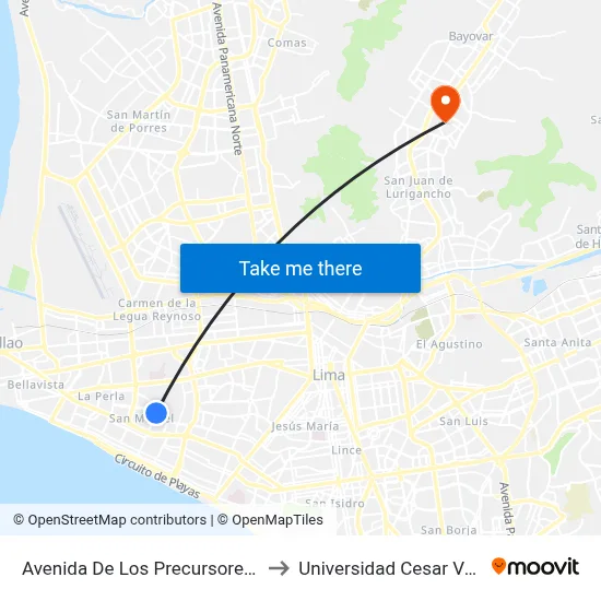Avenida De Los Precursores, 317 to Universidad Cesar Vallejo map
