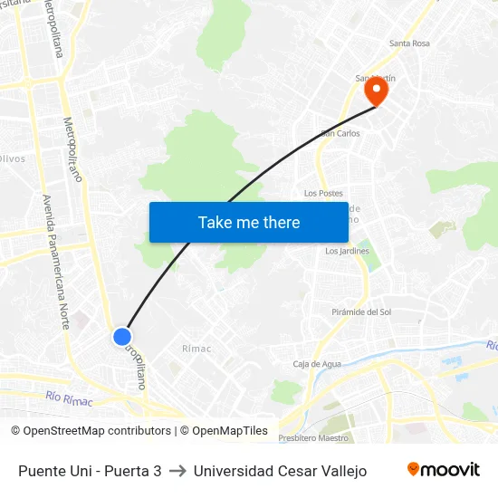 Puente Uni - Puerta 3 to Universidad Cesar Vallejo map