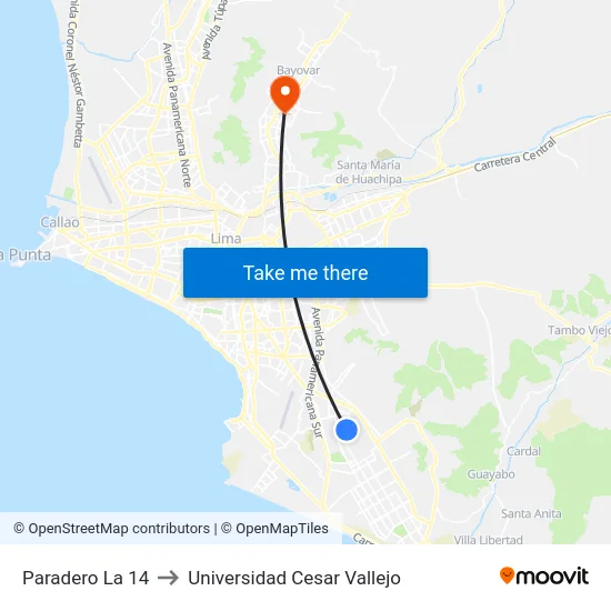 Paradero La 14 to Universidad Cesar Vallejo map