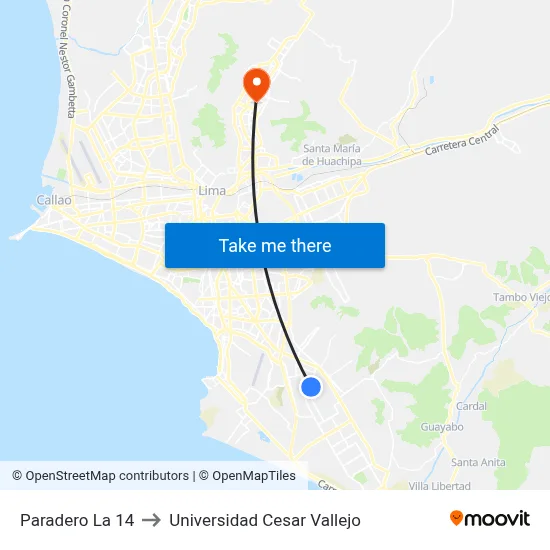 Paradero La 14 to Universidad Cesar Vallejo map