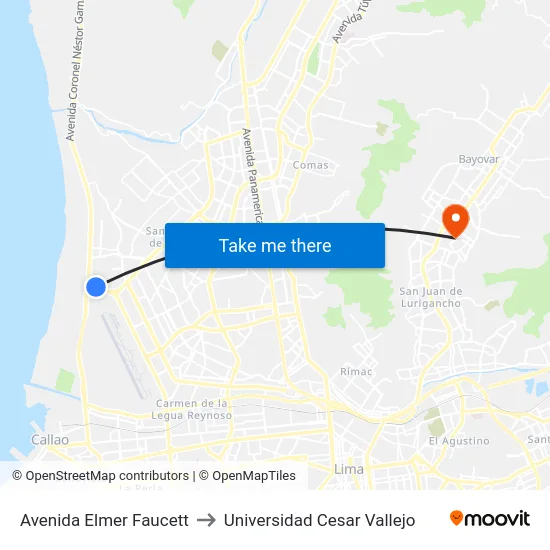 Avenida Elmer Faucett to Universidad Cesar Vallejo map