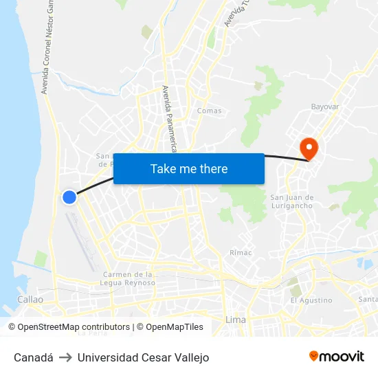 Canadá to Universidad Cesar Vallejo map