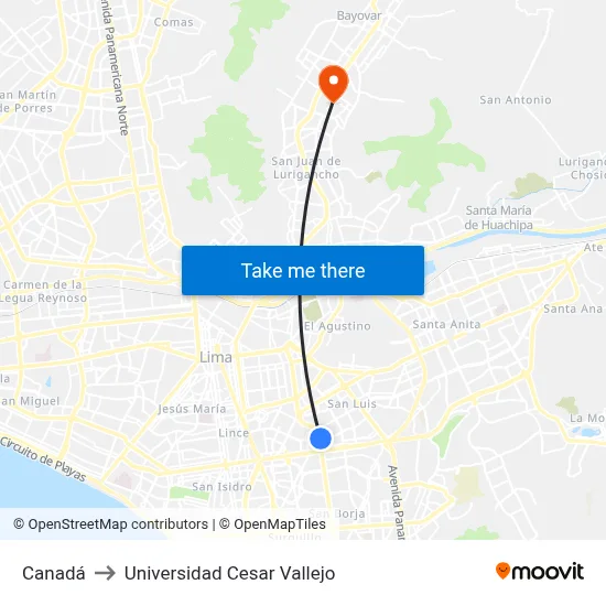 Canadá to Universidad Cesar Vallejo map