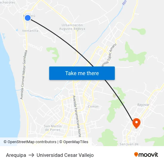 Arequipa to Universidad Cesar Vallejo map