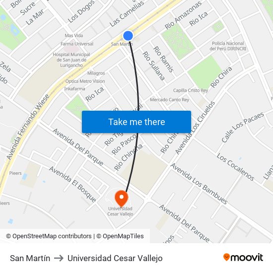 San Martín to Universidad Cesar Vallejo map