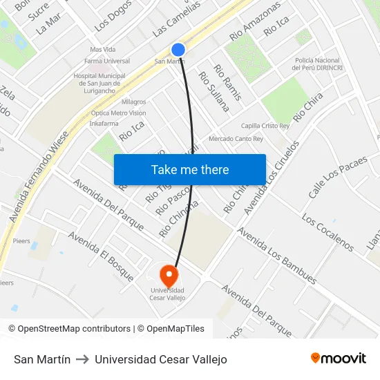 San Martín to Universidad Cesar Vallejo map