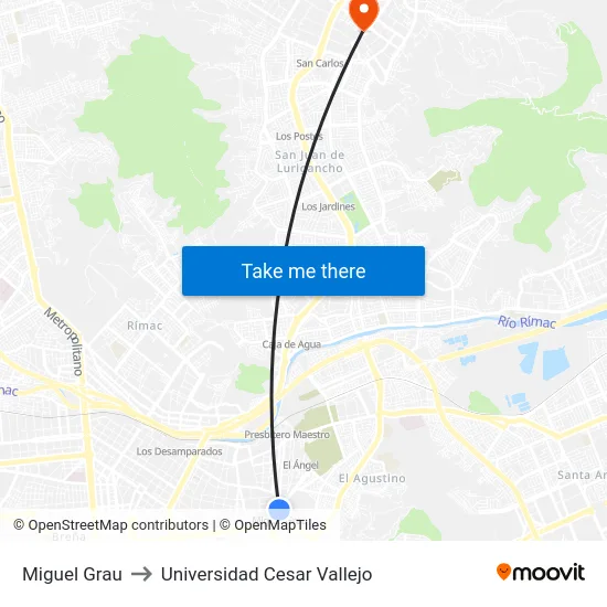 Miguel Grau to Universidad Cesar Vallejo map