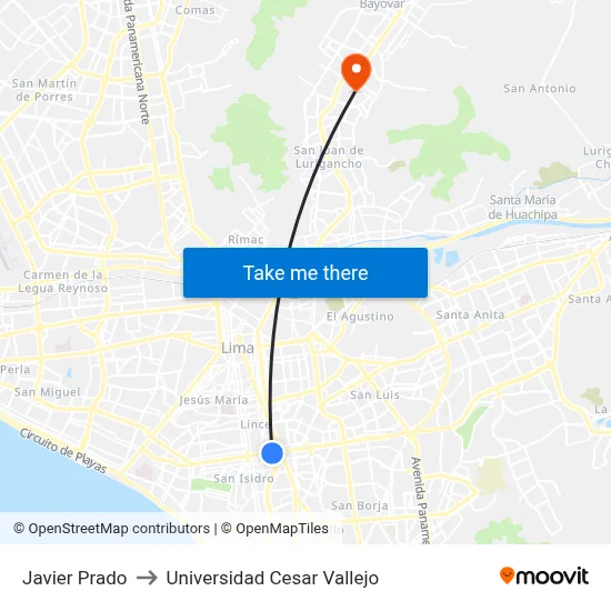 Javier Prado to Universidad Cesar Vallejo map