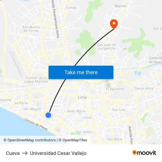 Cueva to Universidad Cesar Vallejo map
