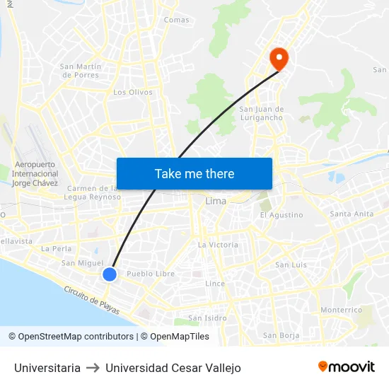 Universitaria to Universidad Cesar Vallejo map