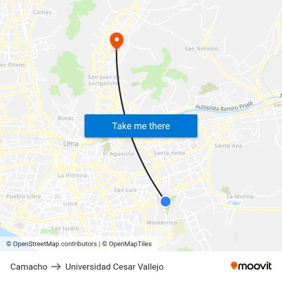 Camacho to Universidad Cesar Vallejo map