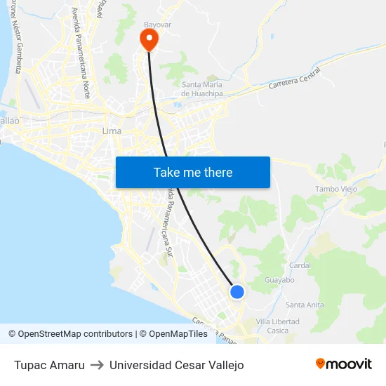 Tupac Amaru to Universidad Cesar Vallejo map