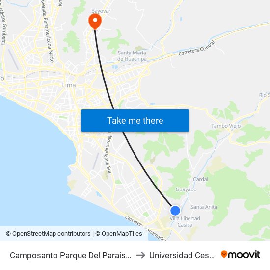 Camposanto Parque Del Paraiso Pachacamac to Universidad Cesar Vallejo map
