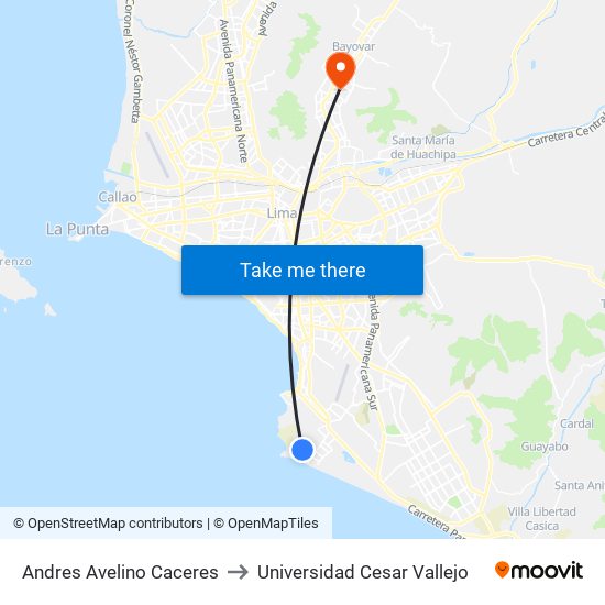 Andres Avelino Caceres to Universidad Cesar Vallejo map