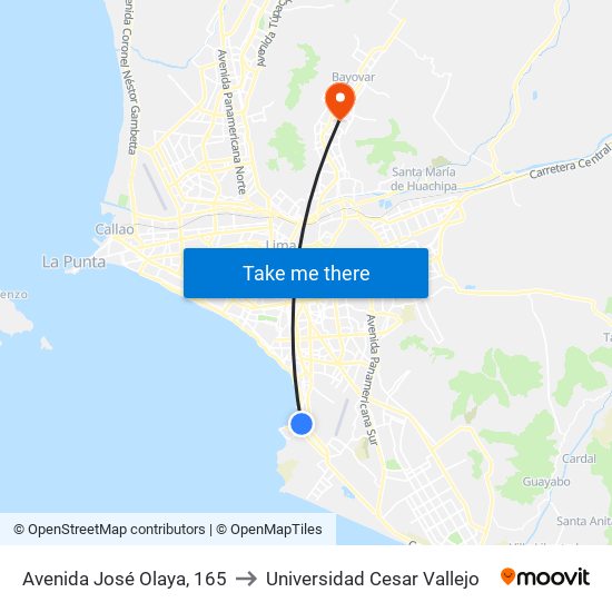 Avenida José Olaya, 165 to Universidad Cesar Vallejo map