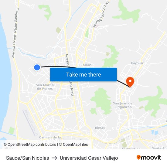 Sauce/San Nicolas to Universidad Cesar Vallejo map