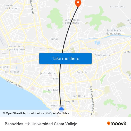 Benavides to Universidad Cesar Vallejo map