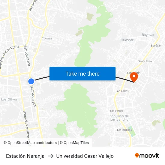 Estación Naranjal‎ to Universidad Cesar Vallejo map