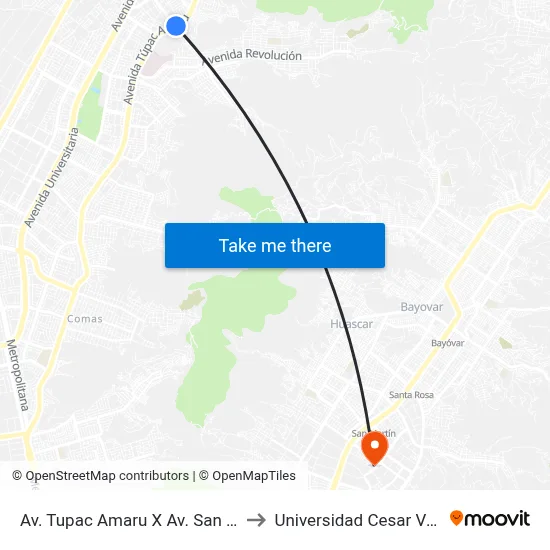 Av. Tupac Amaru X Av. San Felipe to Universidad Cesar Vallejo map