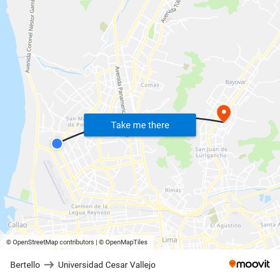 Bertello to Universidad Cesar Vallejo map