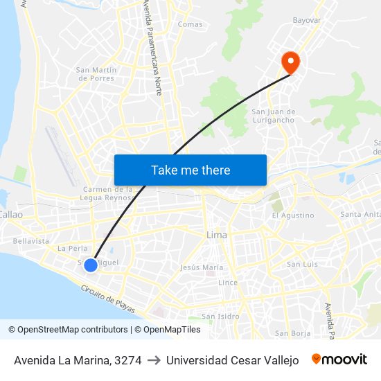 Avenida La Marina, 3274 to Universidad Cesar Vallejo map