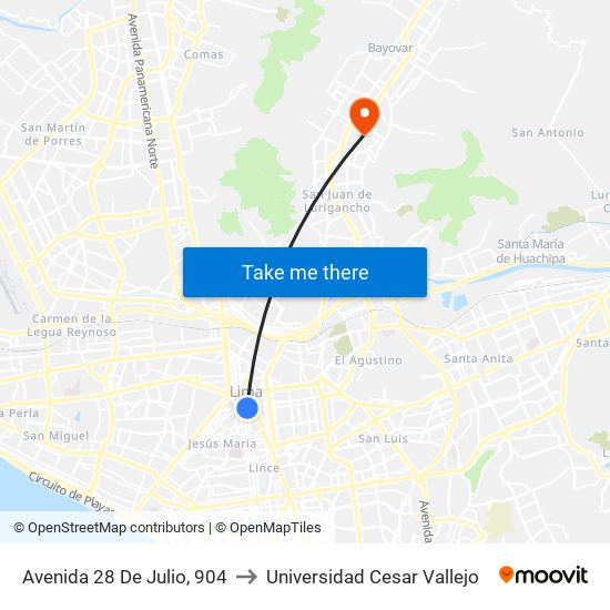 Avenida 28 De Julio, 904 to Universidad Cesar Vallejo map