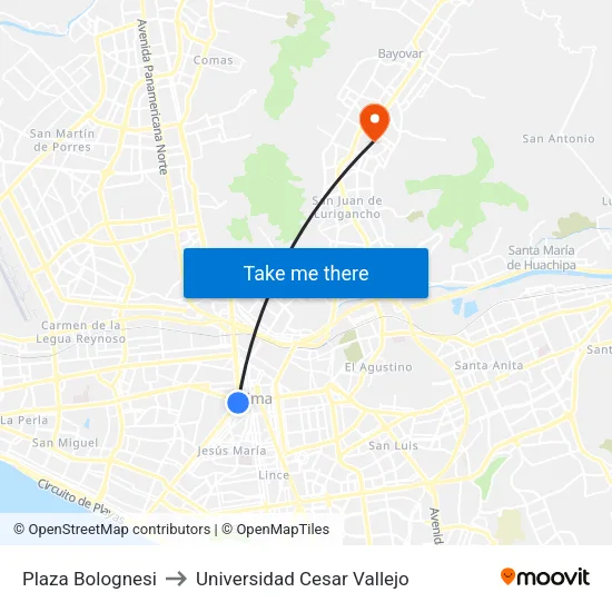 Plaza Bolognesi to Universidad Cesar Vallejo map
