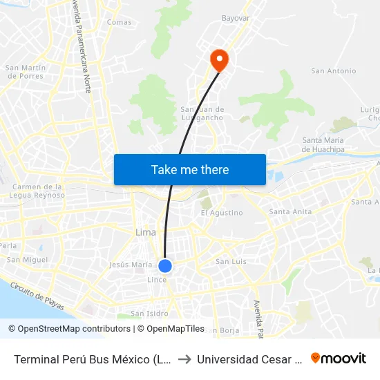 Terminal Perú Bus México (Llegadas) to Universidad Cesar Vallejo map