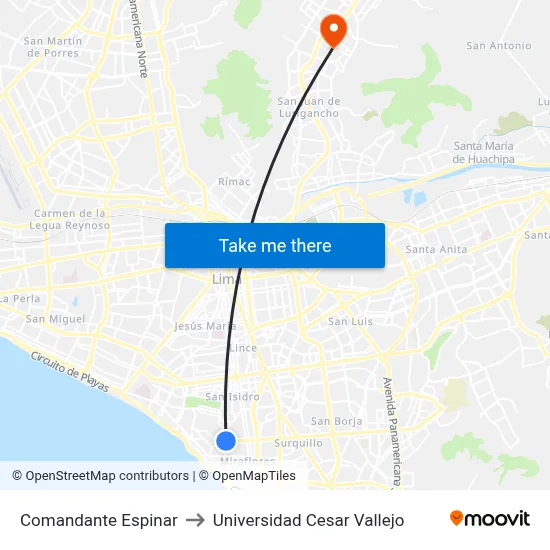 Comandante Espinar to Universidad Cesar Vallejo map
