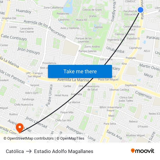 Católica to Estadio Adolfo Magallanes map