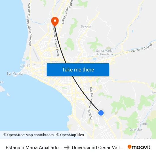 Estación María Auxiliadora to Universidad César Vallejo map