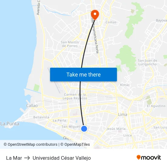 La Mar to Universidad César Vallejo map