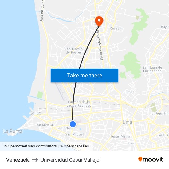 Venezuela to Universidad César Vallejo map