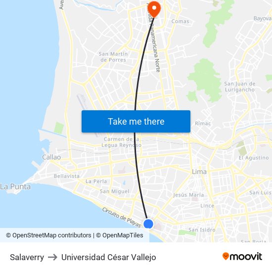 Salaverry to Universidad César Vallejo map