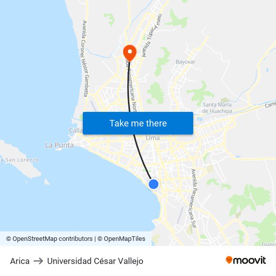 Arica to Universidad César Vallejo map