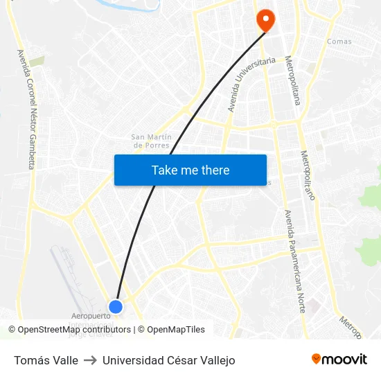 Tomás Valle to Universidad César Vallejo map