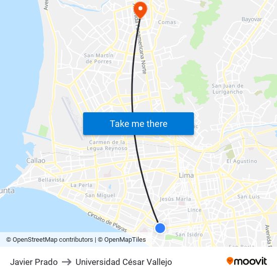 Javier Prado to Universidad César Vallejo map