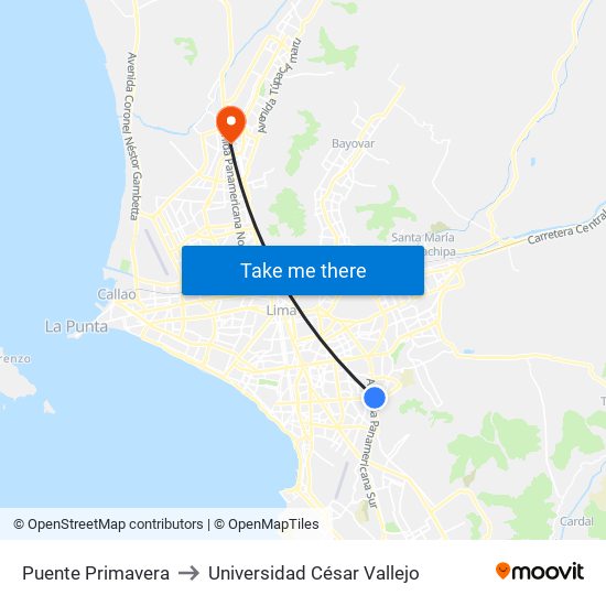 Puente Primavera to Universidad César Vallejo map