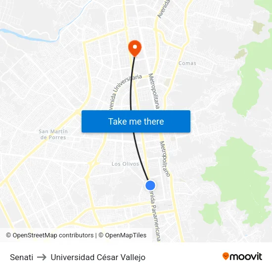 Senati to Universidad César Vallejo map
