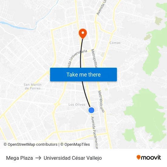 Mega Plaza to Universidad César Vallejo map