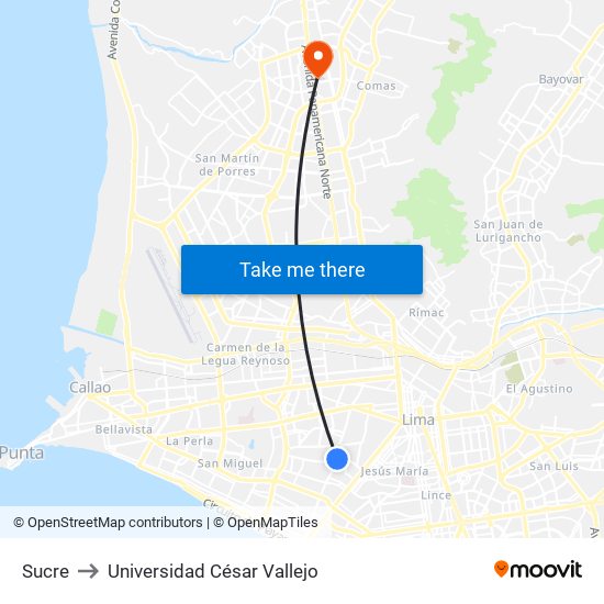 Sucre to Universidad César Vallejo map