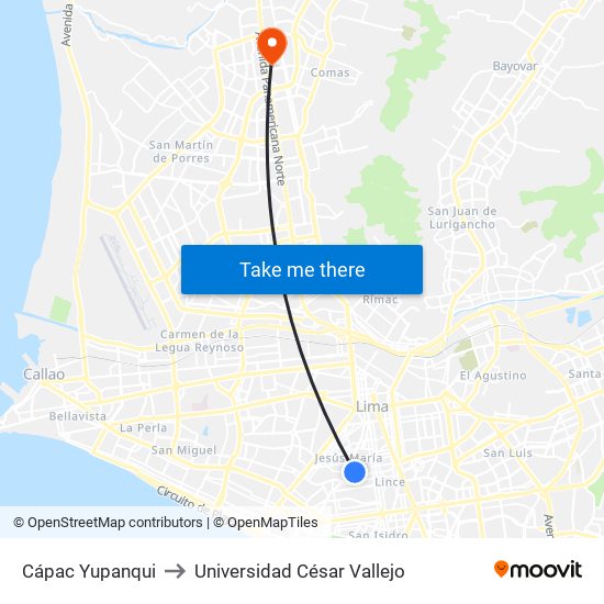 Cápac Yupanqui to Universidad César Vallejo map