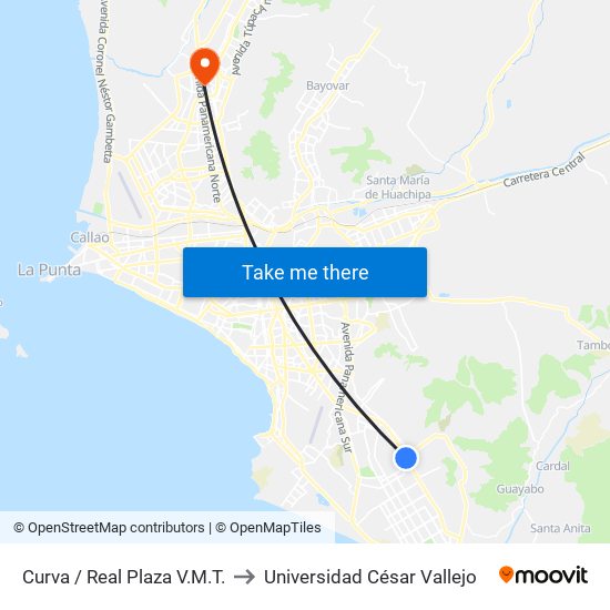 Curva / Real Plaza V.M.T. to Universidad César Vallejo map